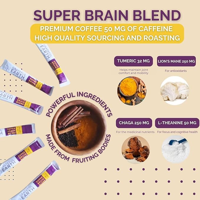Grateful Earth Mushroom Coffee, Instant Espresso with Lion’s Mane Mushrooms, Chaga, L-Theanine, Super Brain Nootropic Blend, Focus, Energy, Immune Support & Gut Health, Dairy & Gluten Free, 20 Packets