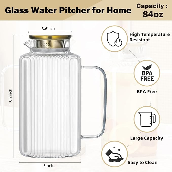2 PACK Glass Pitcher with Lid And Handle, 84oz/2.5L Liter Classic Vertical Stripes Fridge Water Pitcher,Glass Water Carafe for Coffee, Lemonade, Iced Tea,Sun Tea, Beverage, Heat Resistant