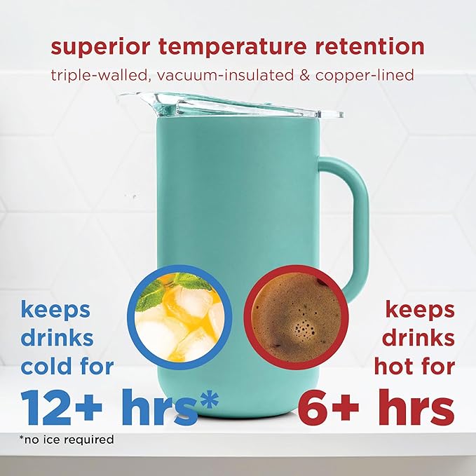Served Premium Insulated Pitcher (2L/66oz) - Double Walled, Copper Lined Stainless Steel Pitcher with Lid - Vacuum Insulated Carafe for Hot Coffee, Tea, Iced Drinks, Water, Cocktails, and More