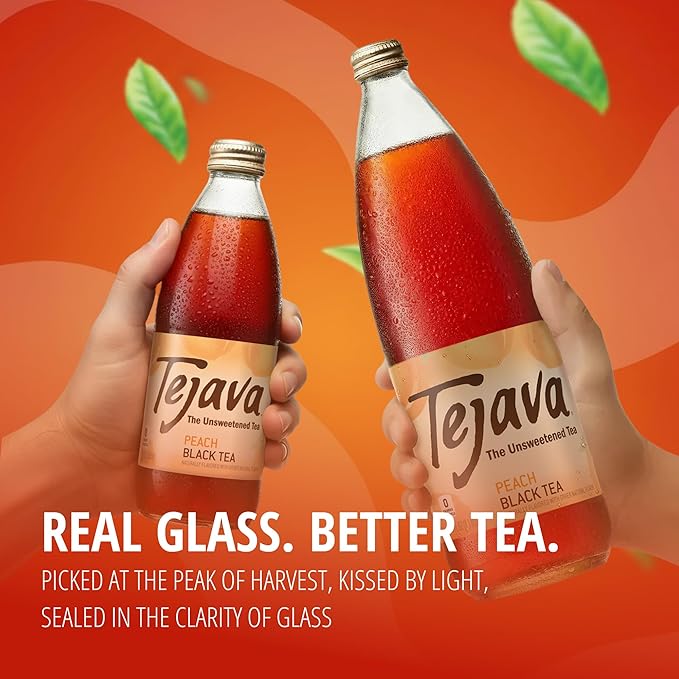 Tejava Original Unsweetened Peach Iced Tea, 12 Pack, 1 Liter Glass Bottles, Non-GMO, Kosher, No Sugar or Sweeteners, No calories, No Preservatives, Brewed in Small Batches