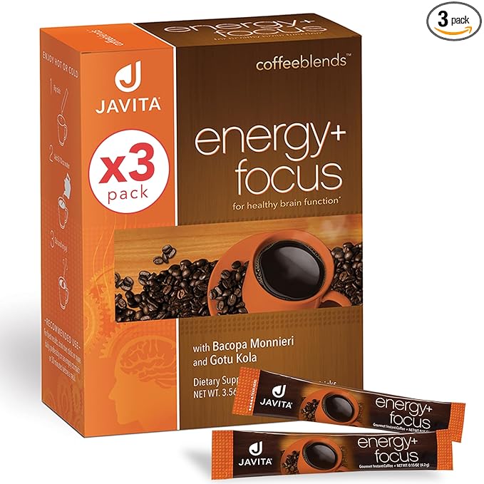 Energy + Focus Instant Coffee by Javita – Premium Arabica with Adaptogens – Clean Energy & Mental Clarity Support – Convenient Functional Coffee Medium Roast Coffee Mix (3 box/72 serv.)