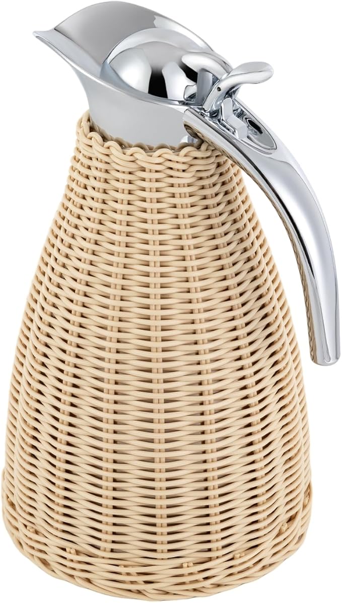 Stainless Steel Coffee Thermal Jug 1.5L/0.4 Gal Beige Rattan Double Walled Vacuum Insualted Jug Thermal Carafe with Handmade Rattan Body for Hot Liquids Keeping Hot for Home Coffee Shop