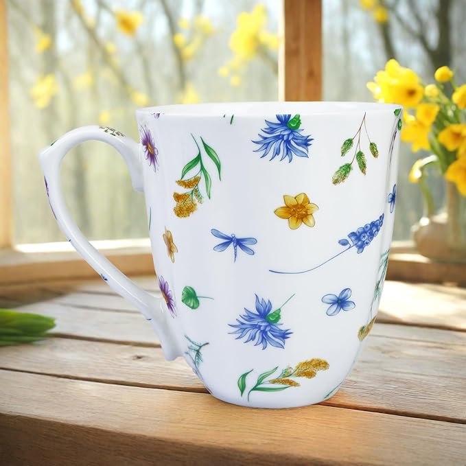 14oz Bone China Coffee Mug Floral Bone Mug Cute Coffee Mug Teacup for Women Mom Friend (flower with grass)