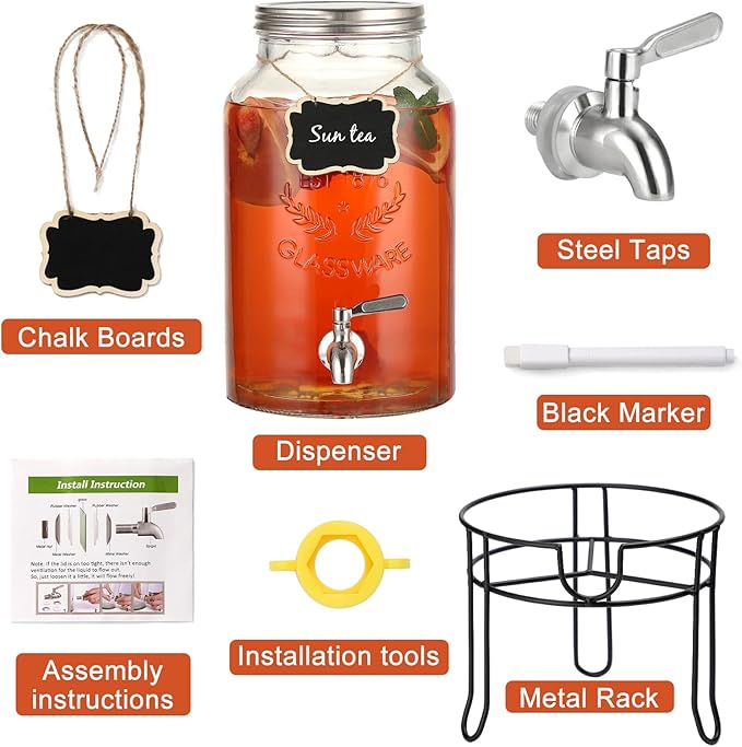 1.5 Gallon Glass Drink Dispenser with Stand – Large Beverage Dispenser with Stainless Steel Spigot, Chalkboard Tags & Marker – Glass Water Dispenser for Fridge, Parties, Weddings and Home Use,Silver