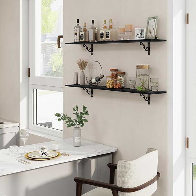 RICHFOCUS Floating Shelves for Wall Decor, 47.3W x 8D Shelves Set of 2, 8 Inch Deep Rustic Wood Shelves Wall Mounted with Brackets, Long Floating Shelves for Living Room Bedroom Kitchen, Black