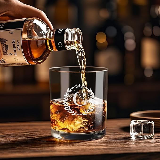 Personalized Whiskey Glasses Gifts for Men, Monogrammed Engraved A-Z 10.6 oz Rocks Glass Customized Gift, Unique Christmas Birthday Gifts for Men Him Dad Husband Brother Son (C)