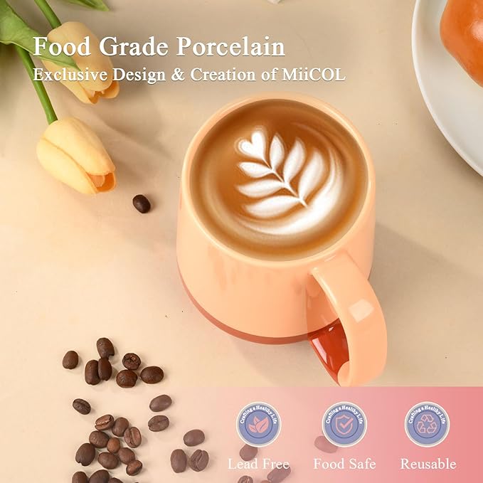 Miicol Ceramic Coffee Mug, 16 oz Large Coffee Cup, Tea Mug with Handle, Flat Bottom Mug for Men, Women, Office, Microwave and Dishwasher Safe, Multi-Color, Caramel Peach