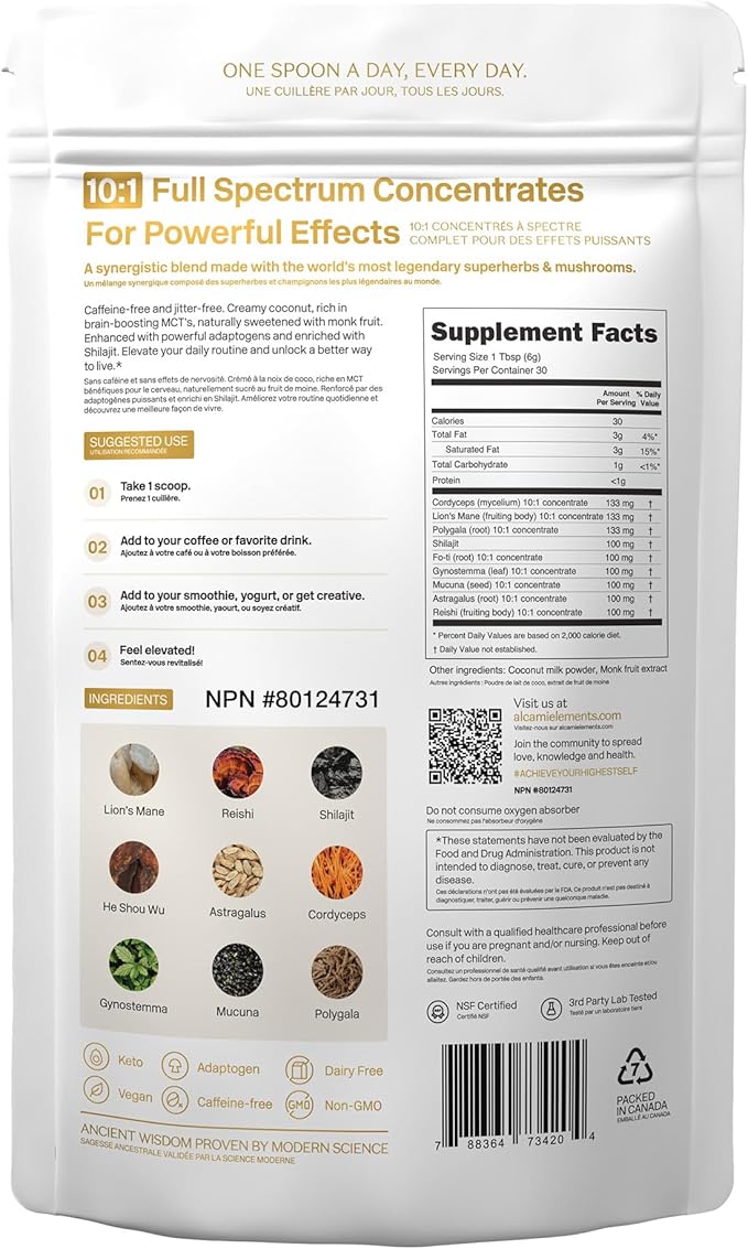 Mushroom Coffee Creamer Superfood Blend, 10X Concentrated Extract with Lion’s Mane, Reishi & Cordyceps, Energy & Focus Support, Premium Supplement Powder, 30 Servings