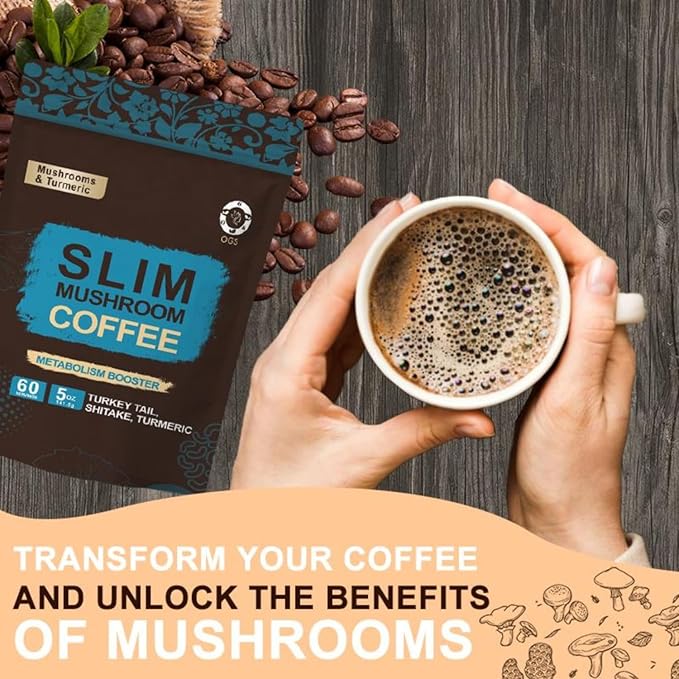 Slim Coffee with Turmeric & Mushroom Blend - Instant Mushroom Coffee with Turkey Tail & Shitake, Light Roast, Smooth Texture, Boosts Metabolism & Energy