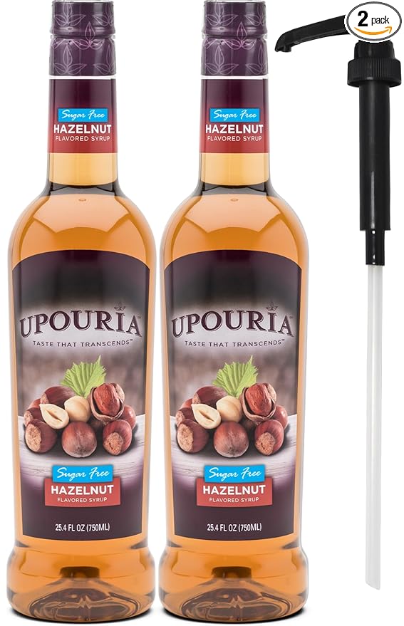 Upouria Sugar Free Hazelnut Coffee Syrup Flavoring, 100% Vegan, Gluten-Free, Kosher, 750 mL Bottle (Pack of 2) with 1 Coffee Syrup Pump