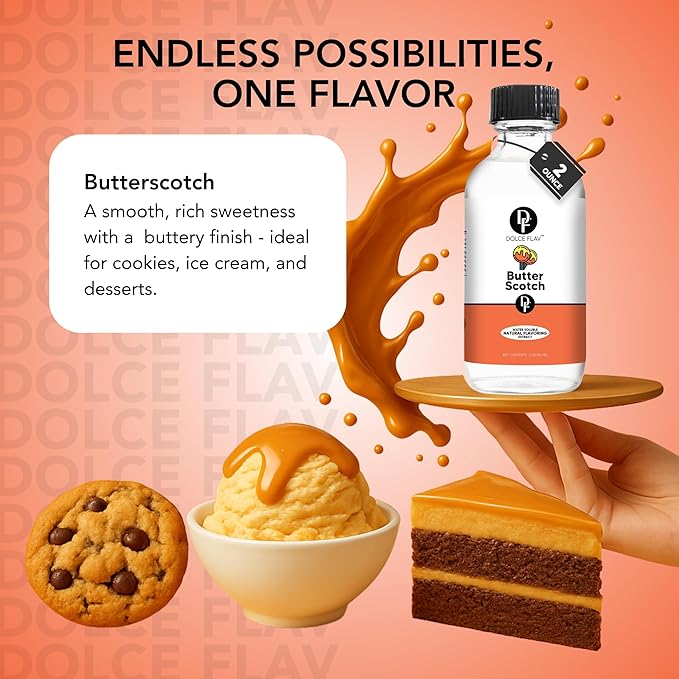 Dolce Flav Natural Butterscotch Extract – 8 Ounce Water-Soluble Kosher, Sugar-Free, Concentrated Rich Butterscotch Flavoring for Baking, Beverages & Desserts, Includes Measured Dropper