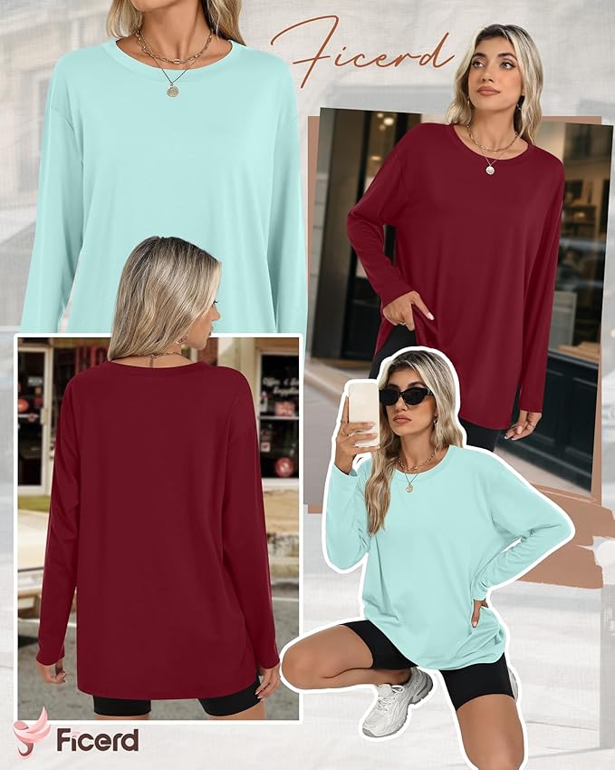 Ficerd 3 Pack Women's Oversized Long Sleeve Shirts Cotton Gym Round Neck Tops Loose Fit Casual Workout Baggy Fall Basic Tee