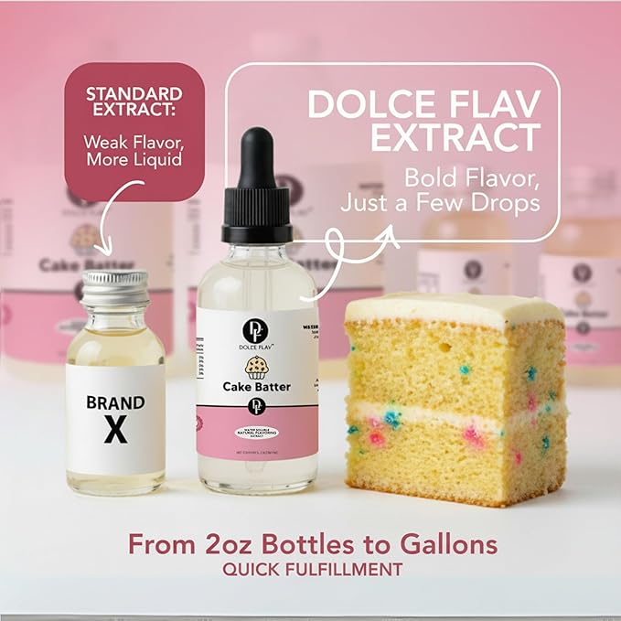 Dolce Flav Natural Cake Batter Extract – 8 Ounce Water-Soluble Kosher, Sugar-Free, Concentrated Birthday Cake Flavor for Frosting, Cupcakes & Ice Cream