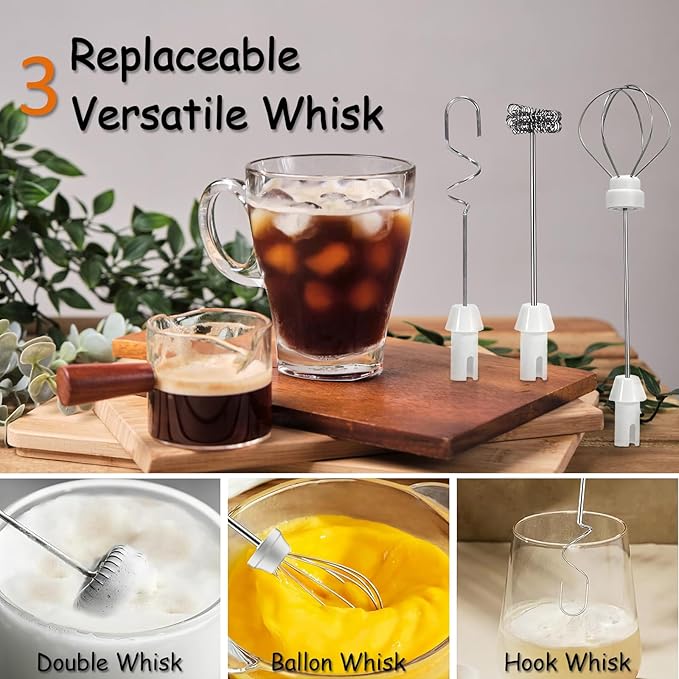 Milk Frother Handheld Rechargeable USB C, 3-in-1 Coffee Frother Wand Drink Mixer Electric Whisk Stirrer with 3 Detachable Stainless Steel Heads, 3 Speed Powder Mixer Foam Maker for Xmas Gift, Black