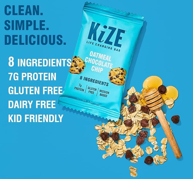 KiZE Energy Bars - Oatmeal Chocolate Chip - 20-Count - Gluten Free, Dairy Free, Non-GMO, and High Protein Meal Replacement Energy Bars, Clean and Simple Food Ingredients - 7g High Protein Snacks (20 Count)