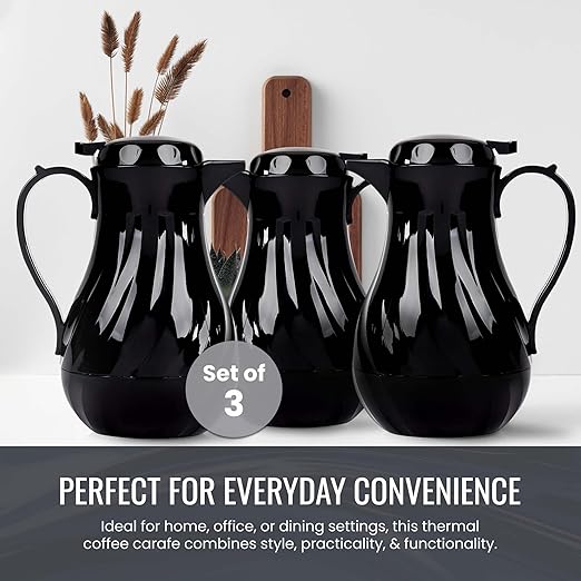 OCS Parts Set of 3 Easy Pour Thermal Coffee Carafes | 10-Inch Insulated Hot and Cold Beverage Pitcher Server for Coffee, Tea, Hot Chocolate and Water | 42-Ounce | Black
