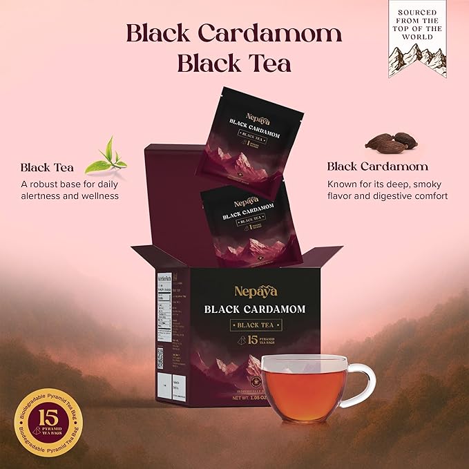 Nepaya Black Cardamom Black Tea – 15 Pyramid Tea Bags, Robust & Smoky, High Caffeine, Biodegradable, Himalayan Whole-Leaf Tea, Coffee Replacement
