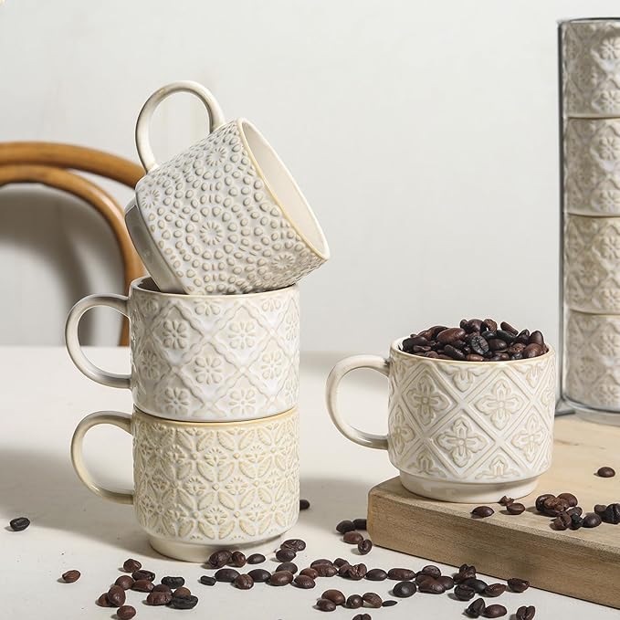 6 Oz Coffee Cups Set of 4, Stackable Coffee Mugs with Stand, Ceramic Cappuccino Cup, Embossed Espresso Cups for Latte, Tea, Cocoa, Mocha, Housewarming Present, Dishwasher Safe