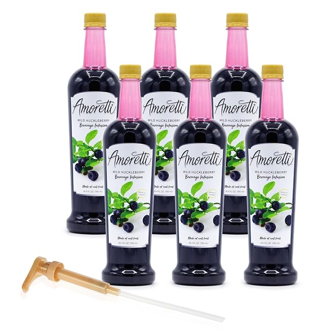 Amoretti - Wild Huckleberry Beverage Infusion, 94 Servings Per Bottle (750 ml) - Drink Mix & Water Enhancer with Pump for Flavoring Cocktails, Waters, Teas, and other Beverages, Preservative Free
