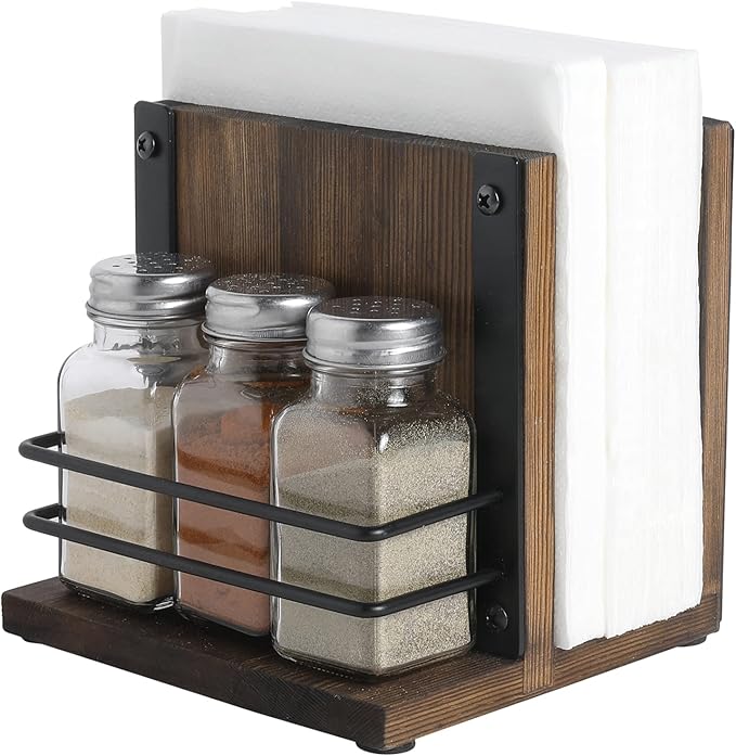 MyGift Napkin Holder with Salt and Pepper Shakers Set, Wood Tabletop Napkin Dispenser with Condiment Organizer and 3 Glass Shakers, Rustic Kitchen Décor