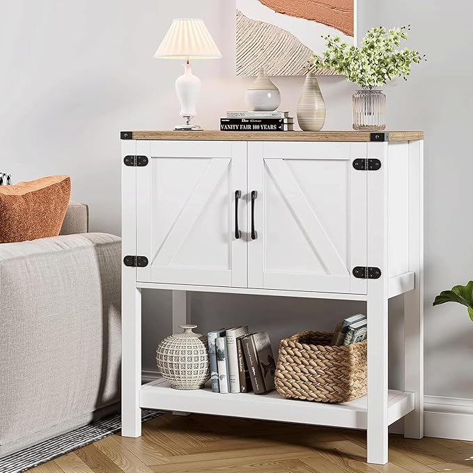 Cheersstar Farmhouse Console Table with 2 Storage Cabinets, Coffee Bar, Entryway Table with with Storage Shelf, Farmhouse Buffet Sideboard for Kitchen, Hallway, Entry Way, Living Room, White