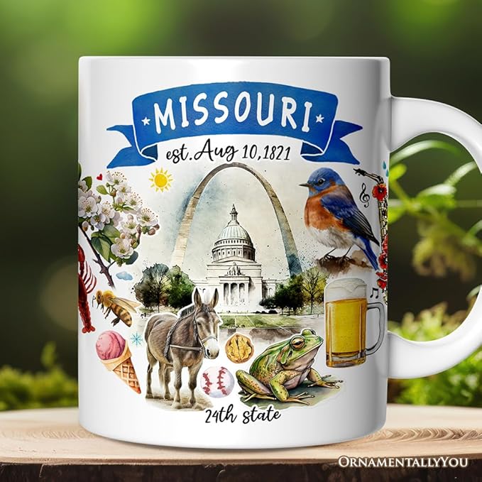 OrnamentallyYou State Travel Landmark Mugs – 12 oz Ceramic Coffee Cups, U.S. Souvenir Gift for Tourists (Artistic Missouri State Themes and Landmarks Mug)
