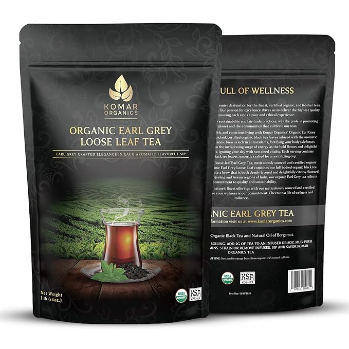 Komar Organics Earl Grey Tea Loose Leaf - 16 Oz USDA Organic, Certified Kosher 1 LB Black Tea Infused With Natural Oil and Bergamot