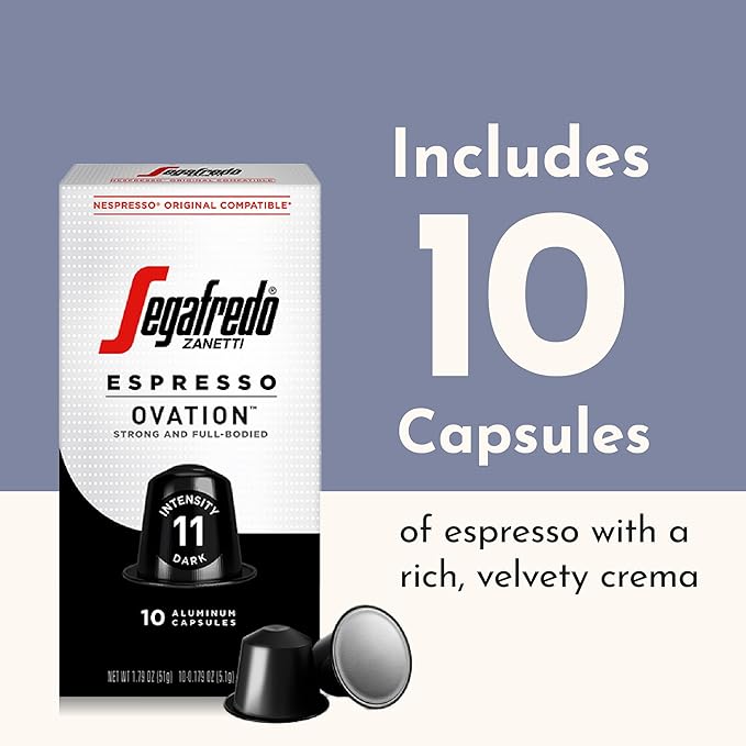 Segafredo Zanetti Espresso Capsules – Aluminum Pods for Nespresso Original Machines – Dark Roast Premium Espresso with a Full-Bodied Aroma – Strong, Intensity 11 – Ovation, 10 Count (Pack of 2)