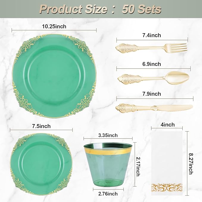 350PCS Clear Green Plastic Plates for 50 Guests, Disposable Plates with Gold Trim include 100 Dinner Plates, 150 Gold Silverware, 50 Cups, 50 Napkins for Party, Wedding and Graduation