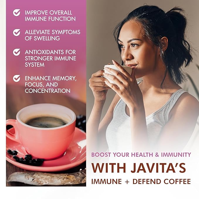 Mushroom + Coffee, Javita Immune & Defend Blend of Chaga, Lion's Mane and Dark Roast Robusta Coffee for Morning Boost, Wellness Support, Smooth, Convenient Coffee Mix (2 box/48 serv)