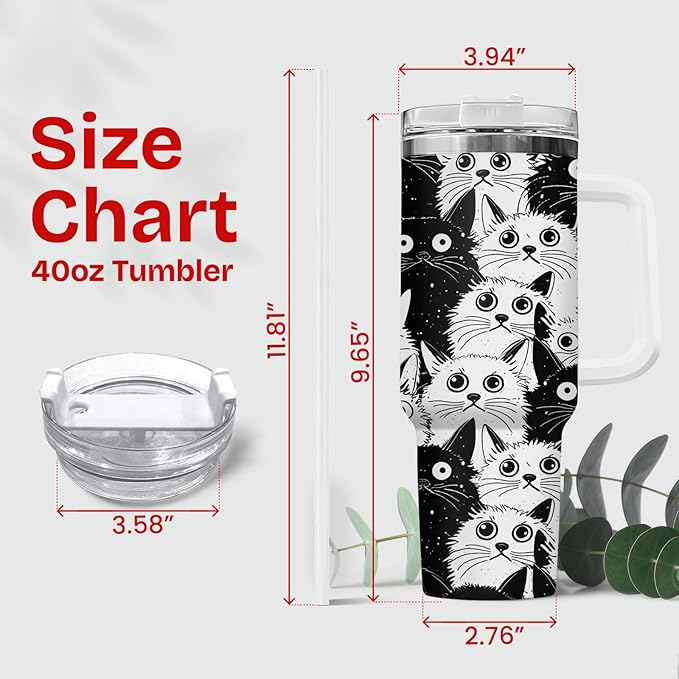 34HD Funny Black Cat Tumbler with Handle and Straw, 40oz Stainless Steel Vacuum Insulated Everything Is Fine Cup, Cat Lover Gifts for Women Birthday Mothers Day Halloween Christmas