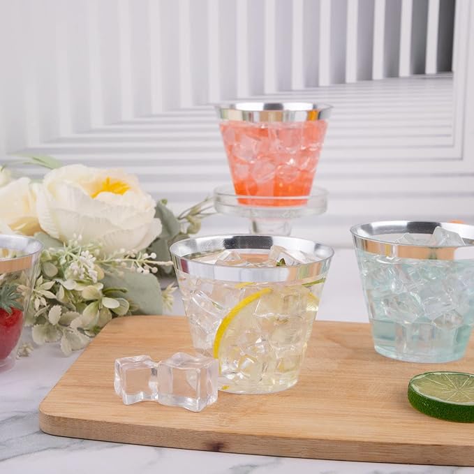 WELLIFE 200pcs Silver Cups, 9OZ Clear Plastic Cups,Plastic Wine Glasses Disposable,Cocktail Glasses for Party and Weddings