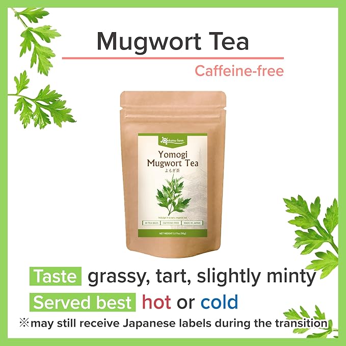 Onkatsu Farm Japanese Mugwort Premium Tea Bags, Tart Herbaceous Flavor, Hot or Iced, Caffeine Free, 30 Total Tea Bags