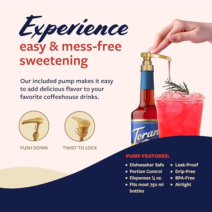 Torani Sugar Free Syrup, Watermelon Flavored Syrup for Drinks, Zero Calorie, Glass Bottle with Pump Included, 25.4 Fl Oz