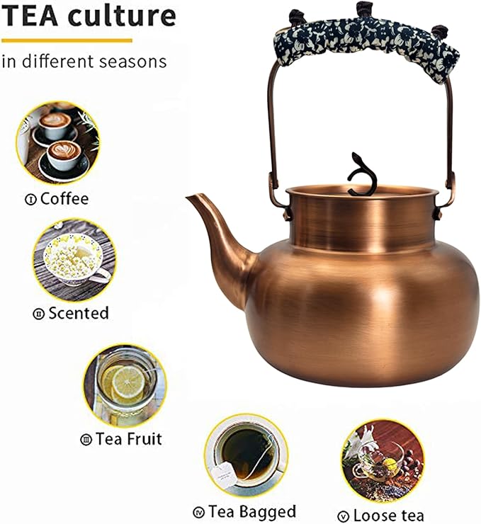 YJX Pure Copper Tea Kettle For Stovetop, Chinese Style Non-Coating Teapot with Stainless Steel Tea Ball For Loose Tea, Solid Tea Pot (1600ml)