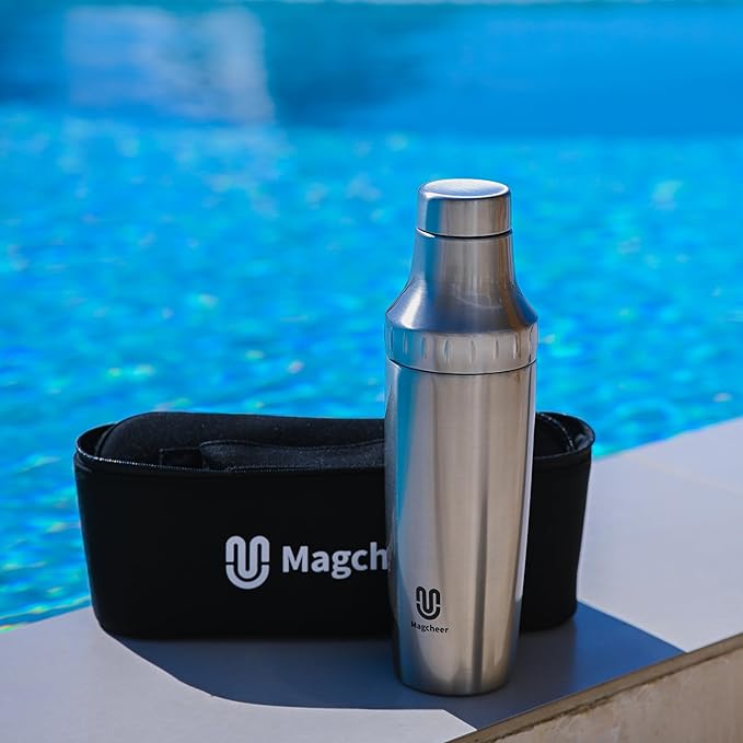 Hybrid Cocktail Shaker Set | Vacuum Insulated Stainless Steel Martini Shaker with Strainer & Jigger Lid | Travel cocktail kit with Bartender Accessory Tools | 30oz | Gold