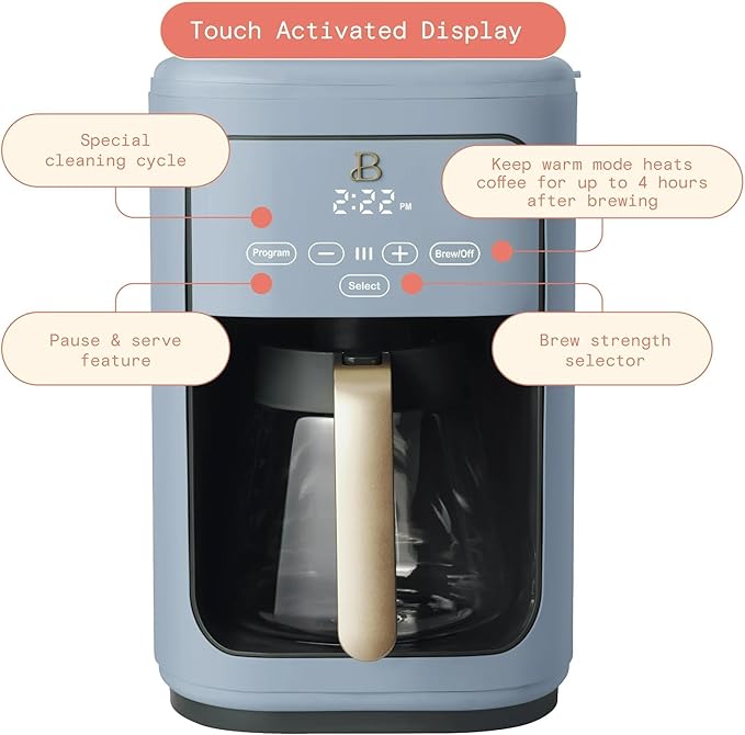 Beautiful 14-Cup Programmable Drip Coffee Maker with Touch Display - Automatic Coffee Machine with Timer for Home & Office - by Drew Barrymore (Cornflower Blue)