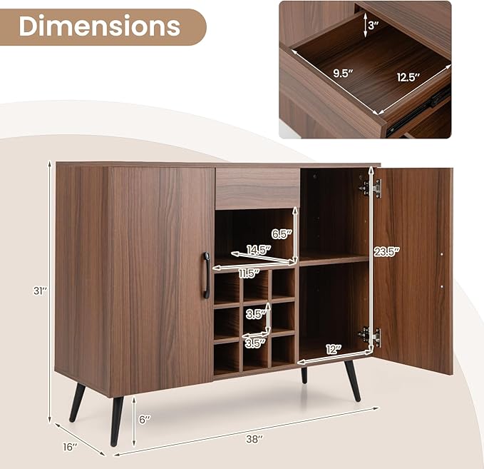 Buffet Cabinet with Storage, Sideboard Cabinet with Drawer & Removable Wine Rack, Kitchen Storage Cabinet with Doors and Shelves, Bar Cabinet for Kitchen, Dining Living Room, Entryway, Walnut