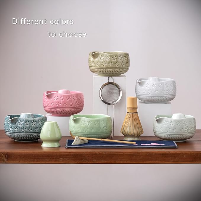 Matcha Whisk Set, Ceramic Matcha Kit Set Includes Matcha Bowl, Matcha Whisk and Holder, Bamboo Scoop, Scoop Rest, Sifter and Tea Towel - 7 Pcs Matcha Kit for Matcha Lovers (Mint)