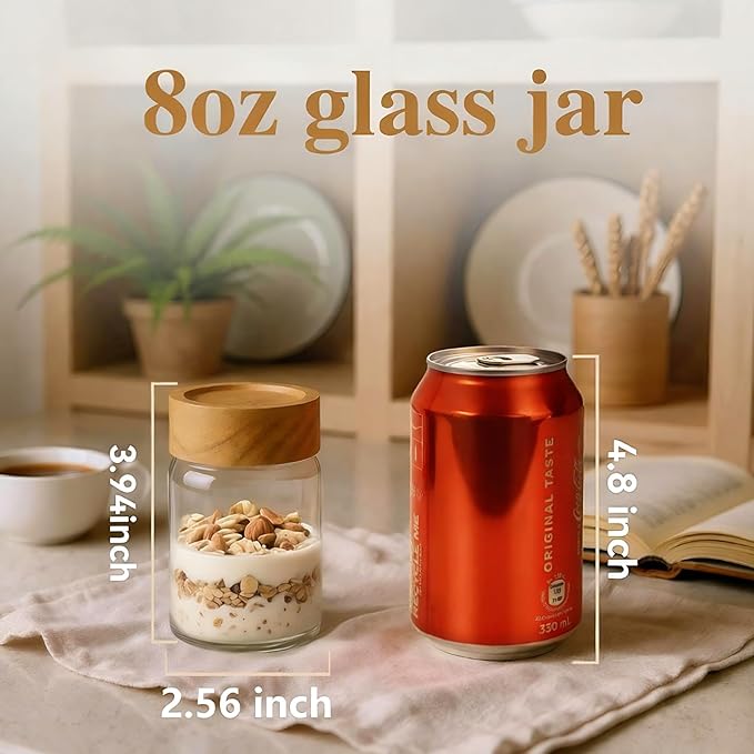 2pc Glass Mason Jars with Acacia Wood Airtight Lids - Overnight Oats & Food Storage Container Set, Clear Stackable Leakproof Kitchen Canisters for Meal Prep/Snack Organization/Spice Storage