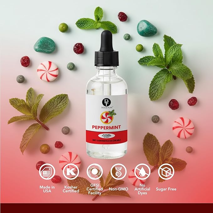 Dolce Flav Natural Peppermint Extract – 2 Ounce Oil-Soluble Kosher, Sugar-Free, Concentrated Pure Mint Flavor for Hard Candy, Chocolates & Baking, Includes Measured Dropper