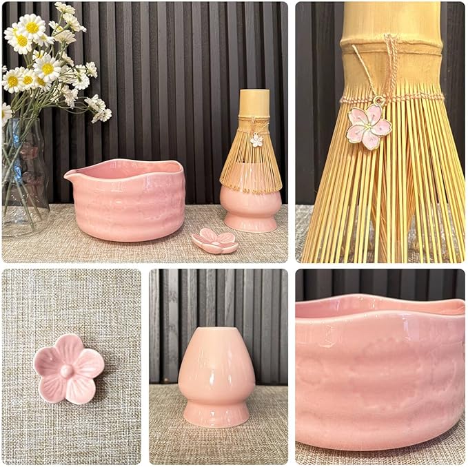Matcha Whisk Set––7pcs Japanese Matcha Set Kit with Matcha Bowl, Bamboo Whisk, Whisk Holder, Scoop, Towel&Sifter–Perfect for Matcha Lovers&Tea Ceremonies-Daisy Pink