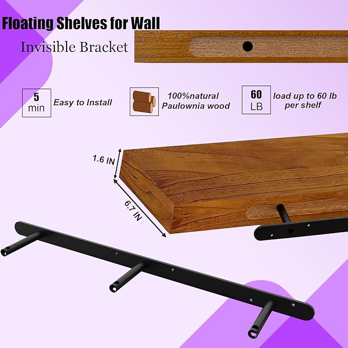 IAE Floating Wall Shelves 55 inch,Bathroom Shelving Wall Mounted,Invisible Shelf Floating Kitchen Shelves,Wooden Wall Shelf with Brackets for Living Room Wall Mounted,Easy Install,Set of 2,Teak