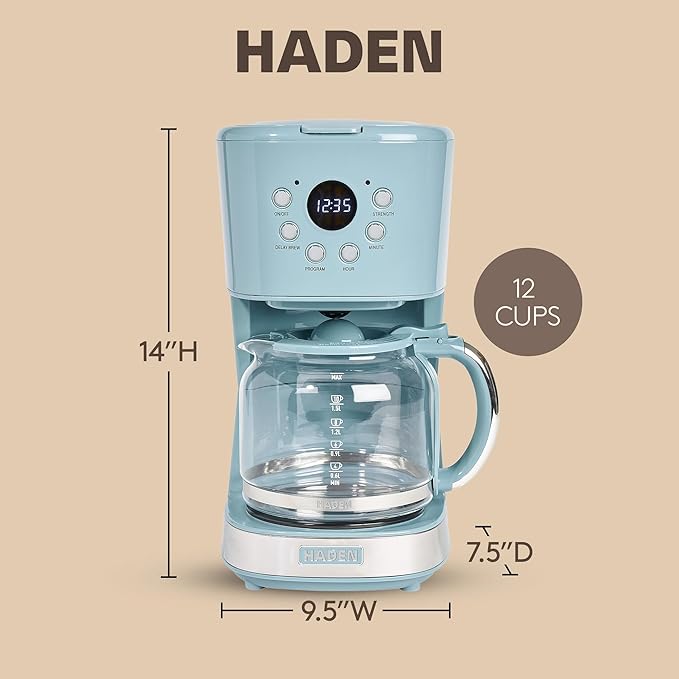 Haden Brighton Coffee Machine, 12 Cup Programmable Drip Coffee Maker with Auto Shut-Off Function and Reusable Washable Water Filter, Sky Blue & Chrome