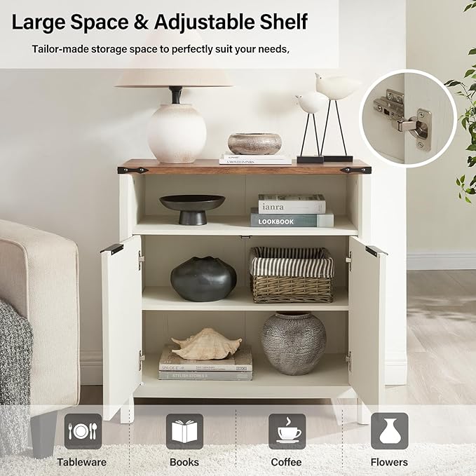 32 Inch Fluted Sideboard Buffet Cabinet with Storage, Modern Farmhouse Accent Credenza with Adjustable Shelves, Coffee Wine Bar Organizer for Kitchen, Entryway, Living Room (Antique White)