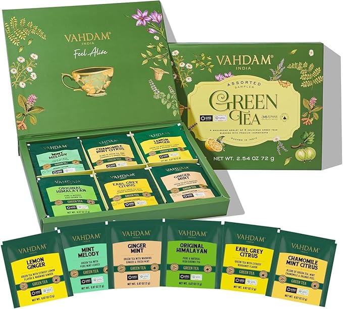 VAHDAM, Green Tea Variety Pack Sampler Assortment (36 Pyramid Tea Bags, 6 Flavor) | Non-GMO Project Verified Himalayan Green Tea with No Artificial Ingredients | Christmas Tea Gift Set