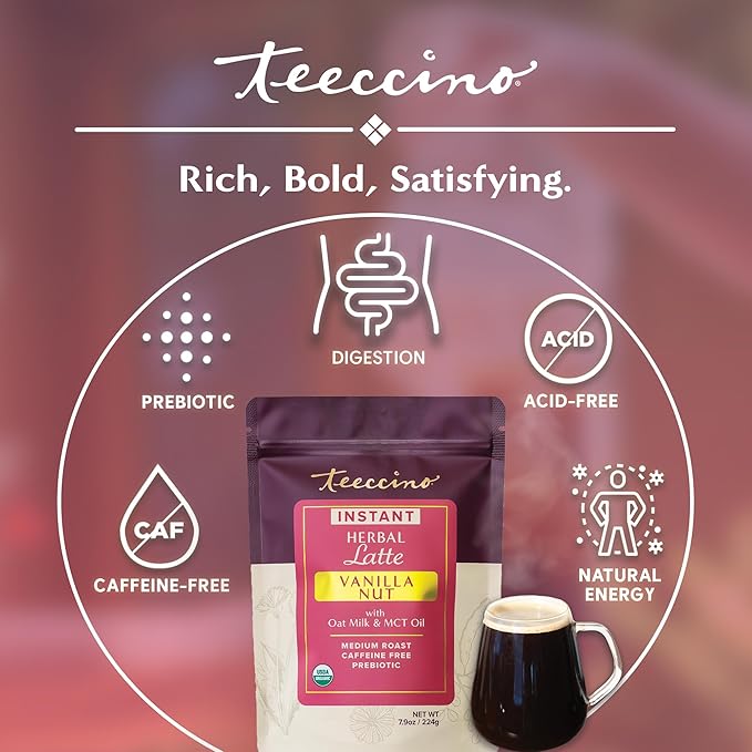 Teeccino Instant Organic Vanilla Nut Herbal Coffee– 33 servings – Instant Chicory Coffee Alternative with Creamy Vanilla Slightly Sweetened by Dates That’s Prebiotic, Caffeine-Free & Acid Free - 3.5 ounces
