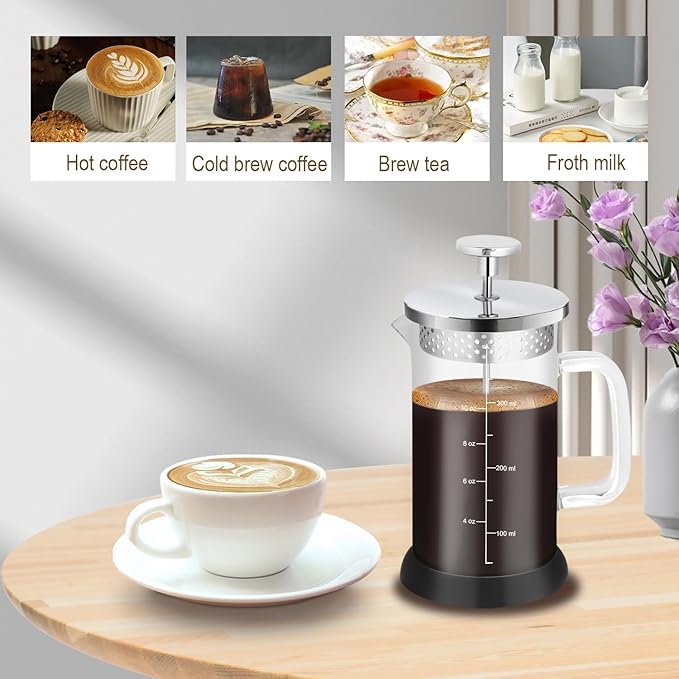 Mini French Press Coffee Maker-304 Stainless Steel Grilles, Borosilicate Glass Small Coffee Press,Non-slip Silicone Base-12 oz /350 ml with 2 Filter Screen-2 Cup Teapot