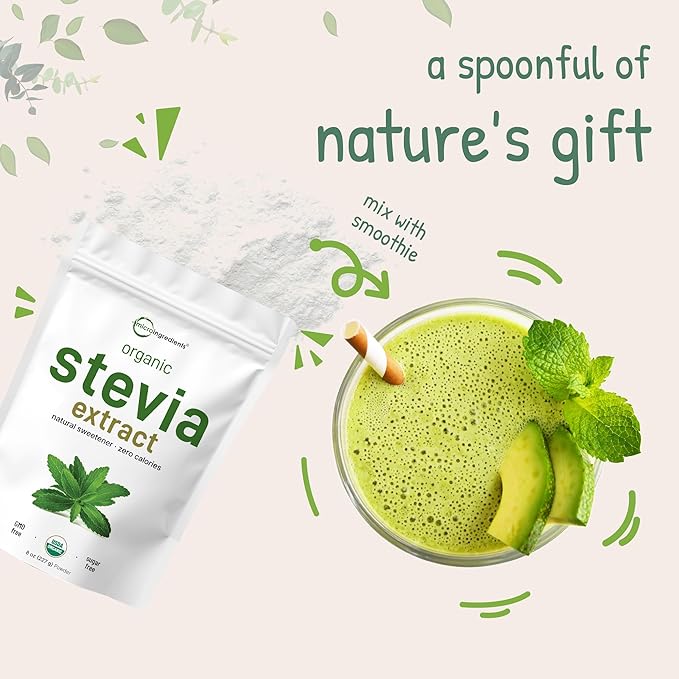 Pure Organic Stevia Powder, 8 Ounces, 1418 Serving, Highest Grade Stevia Green Leaf Extract Reb-A, Reduced Bitter Aftertaste, 0 Calorie, Natural Sweetener, Sugar Alternative, Keto Friendly