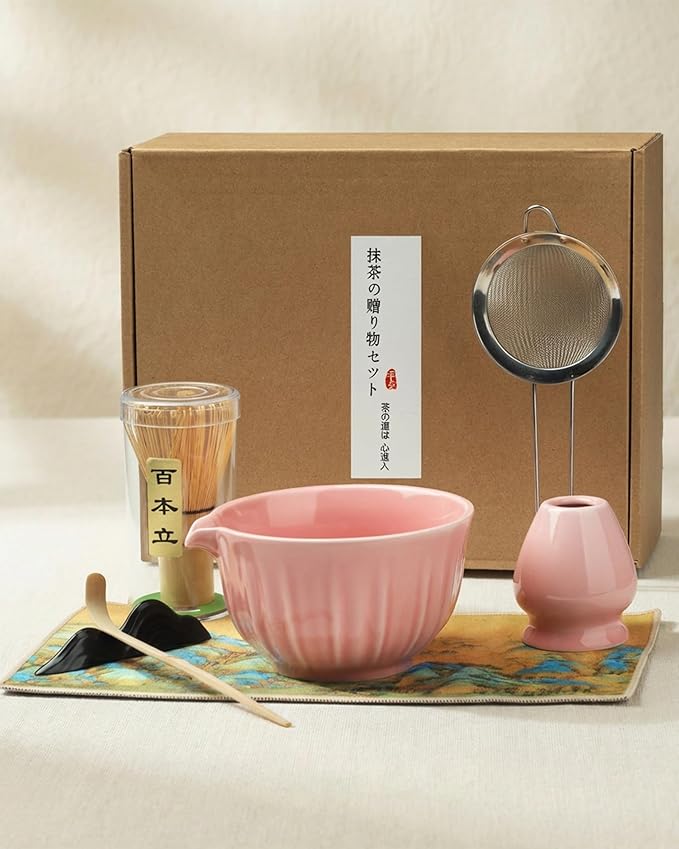 Handcrafted Matcha Kit, 7-Piece Green Tea Set, Includes Ceramic Bowl, Bamboo Whisk, Stainless Steel Sifter, Bamboo Scoop, Whisk Holder & Cotton Towel, Perfect for Tea Ceremony, Pink Small Flower
